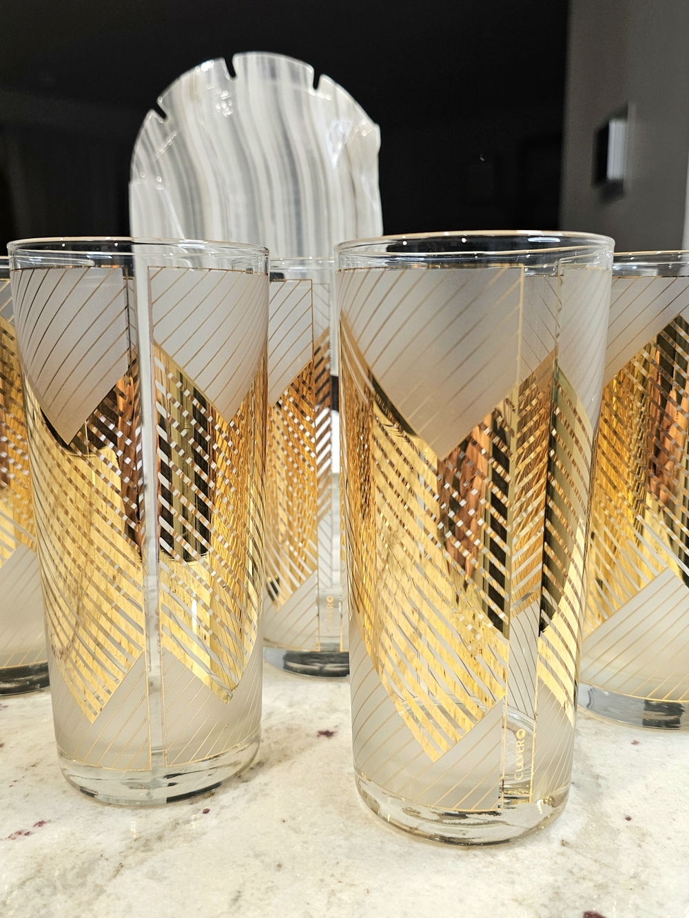 MCM Culver Elegant Frost White and 22k Gold Chevron Highball Glass Barware